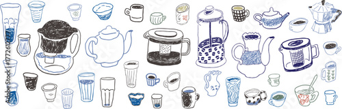 big set of teapots, coffee pots and cups in hand drawn style in vector. Element for design advertisement mail posts poster print postcard banner decor backgrounds