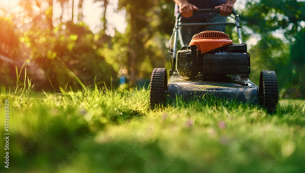 Fototapeta premium A person mowing a lush green lawn with a manual lawn mower, surrounded by vibrant nature and warm sunlight.