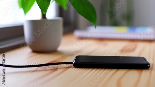 A black smartphone plugged in on a wooden desk, near a plant. A notebook is blurred in the background