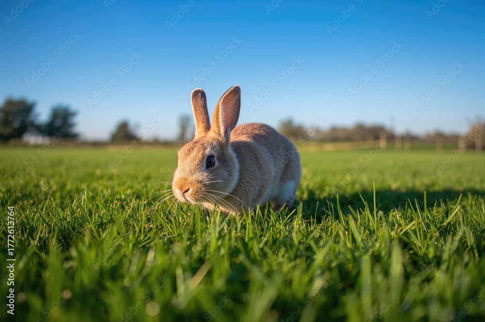Obraz premium Rabbit Feeding in a Lush Meadow on a Farm. Premium Photograph