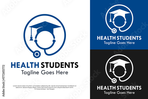 A logo combining a graduation cap with a medical stethoscope. Represents medical students, healthcare education, and professional training. Simple blue vector icon.