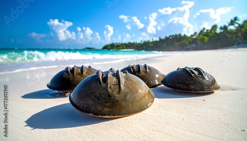 Four horseshoe crabs rest on a sandy beach, shallow turquoise water with waves, and a clear, bright, sunny sky