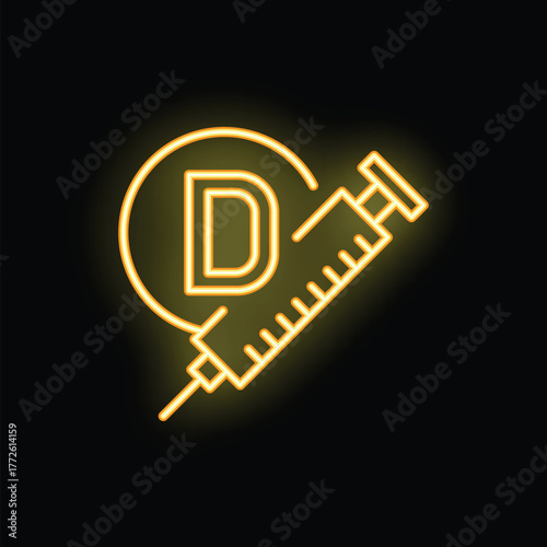 Glowing neon icon of a syringe injecting vitamin d into a circle, representing the concept of vitamin supplementation
