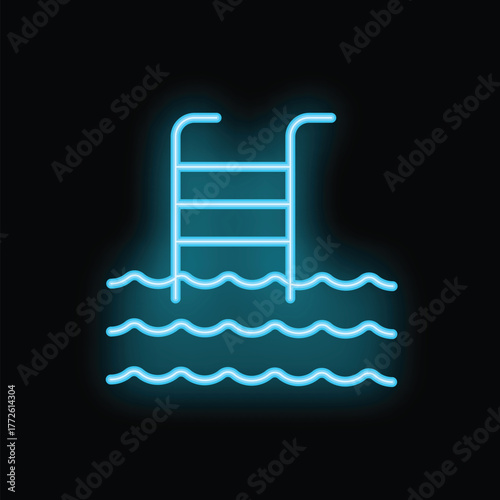 Neon blue sign showing a ladder going into a swimming pool with waves on black background