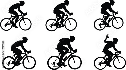 Cyclist silhouette vector, bicycle rider with backpack, helmeted biker pose, black shape motion, cycling gesture illustration, sports action art