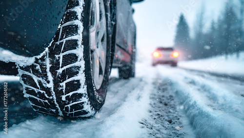 Close-up of a winter tire navigating through a snowy road, showcasing traction for safe driving in harsh conditions.