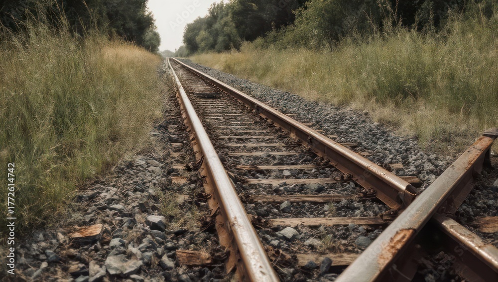 Fototapeta premium Abandoned Railway Track with Rust and Overgrown Vegetation.