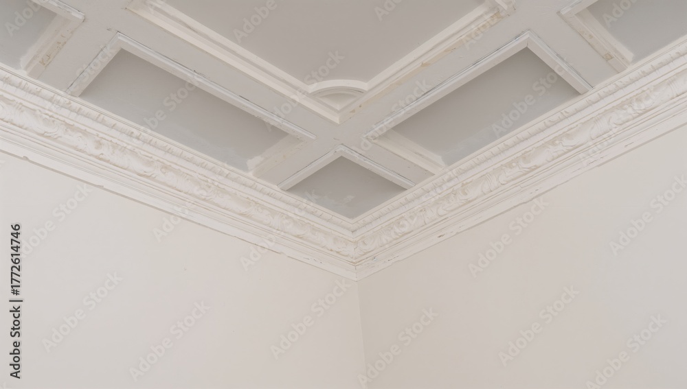 Obraz premium Detail of ornate crown molding at a room's corner, showcasing intricate design in suspended ceiling and drywall construction