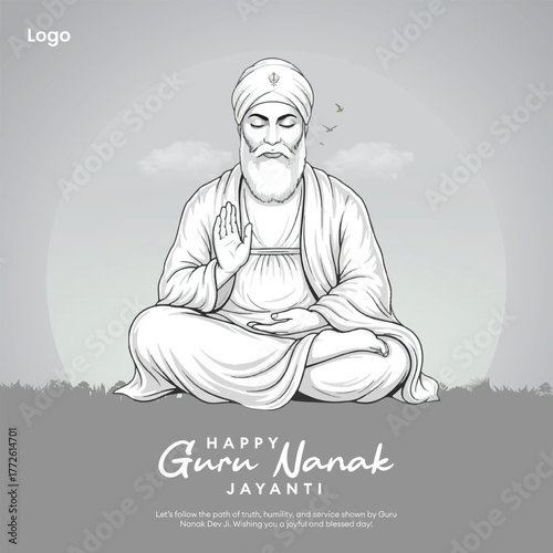 Guru Nanak Jayanti Black and White Vector Illustration with Peaceful Background