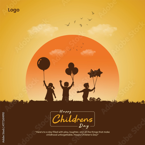 Happy Children’s Day Celebration with Kids Playing Silhouette at Sunset