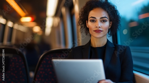Unruffled Latina woman with a laptop on a train, capturing urban Nomad's Day and introspective commute reflections