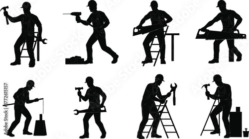 Construction worker silhouettes, tool usage, manual labor, carpentry action, maintenance tasks, vector illustration, hammer drill saw, ladder pose, workbench scene