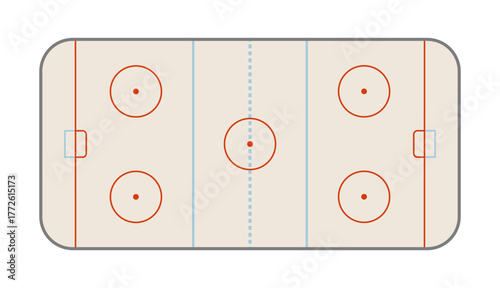 Top view of a hockey rink, illustrated in a simple, flat design style with all standard markings, including the center line, blue lines, face-off circle
