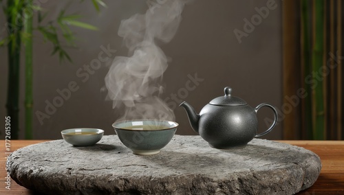 Wallpaper Mural Asian tea bowl and teapot placed on a stone surface, ideal for tea preparation Torontodigital.ca