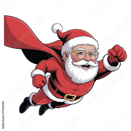 Santa Claus soars through the sky as a superhero with a flowing red cape.