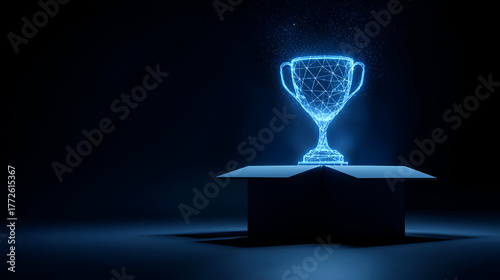A glowing digital trophy emerging from an open box, symbolizing achievement and innovation in technology.