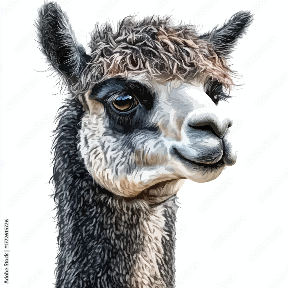 Obraz premium Close-up portrait of a llama detailed digital painting with expressive eyes white transparent background