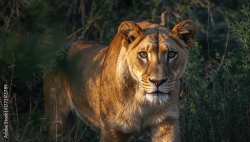 Profile of a Lion Striding, Gazing at the Lens, Panthera Leo, Set Against a Natural Woodland Background