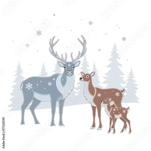 Winter Wonderland A Majestic Reindeer Family in a Snow-Kissed Forest Landscape, Snowflake Theme