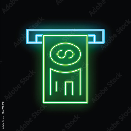 Glowing neon green atm dispensing cash on a black background