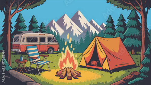 mountain camping tent nature illustration, Summer camp by the fire a caravan, design vector 