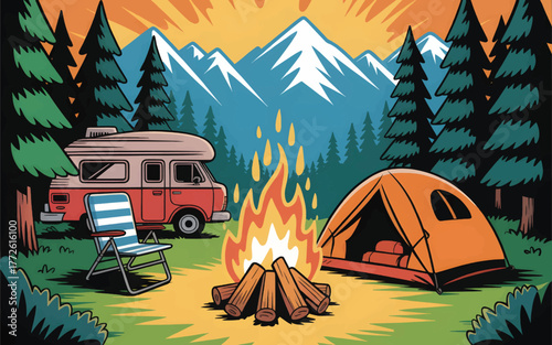 Landscape view on a campsite in the mountains. camping in the mountains Summer outdoor vacation. illustration nature vector design,