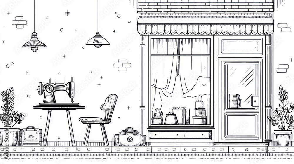 Fototapeta premium Black and white illustration of a sewing shop with equipment and plants