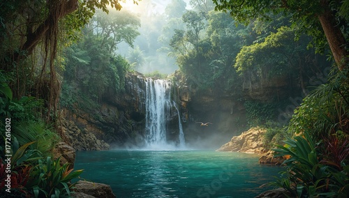 Fototapeta Naklejka Na Ścianę i Meble -  Hidden Ekom Waterfall nestled within a lush tropical rainforest, preservation
