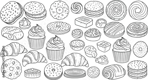 A delightful collection of bakery items, including croissants, cupcakes, and various pastries, all meticulously illustrated in a detailed line art style, isolated on white background