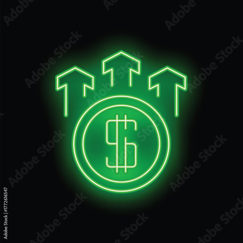 Green neon sign showing a dollar sign increasing with three up arrows, hinting at economic growth