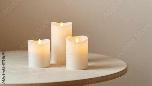 Decorative LED candles arranged on a light wooden surface, creating a calming ambiance
