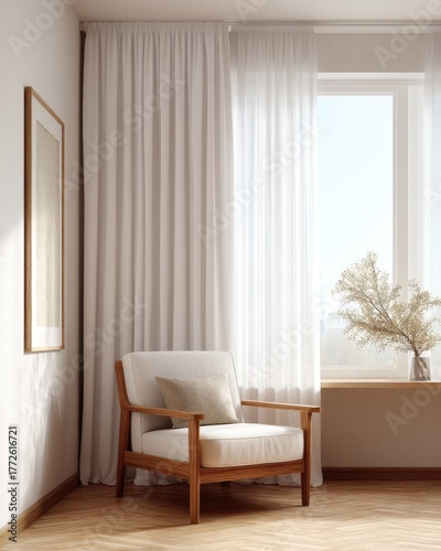 A chair is sitting in front of a window with a white curtain
