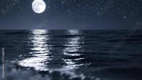 Night Ocean View with a Full Moon and Stars Reflecting on Water Dark Blue Color Palette and Serene Atmosphere Perfect for Stock Photography