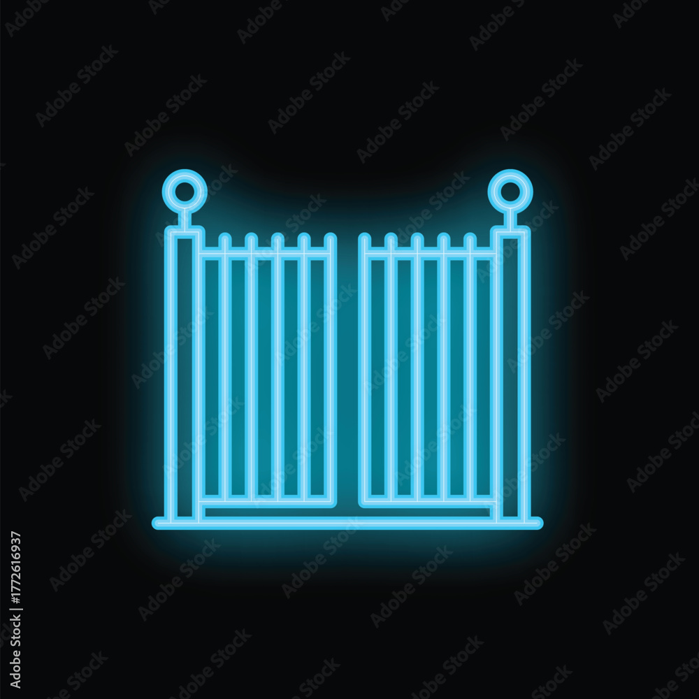 Obraz premium Bright glowing blue neon gate with vertical pickets on a black background