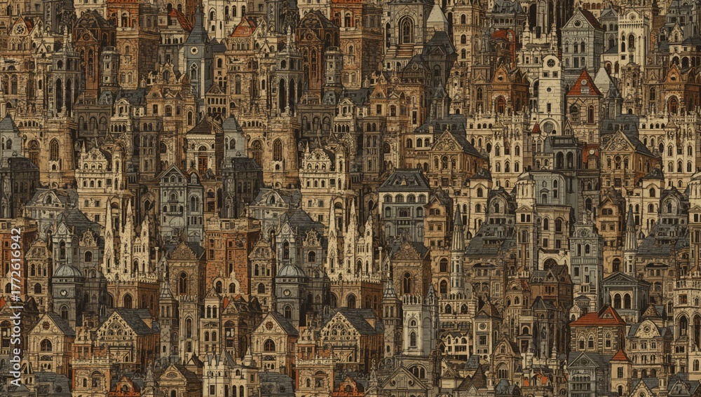 Obraz premium Seamless pattern featuring intricate vintage architectural elements and gothic letters, suitable for editorial header background