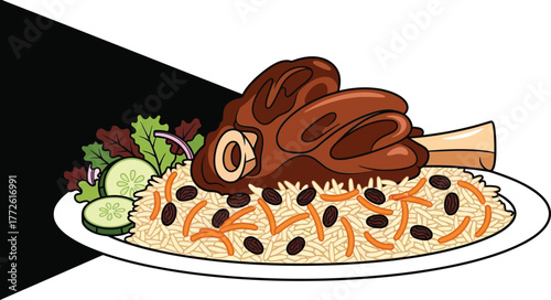 A flavorful plate of traditional middle eastern dish featuring tender lamb shank served over a bed of fragrant rice, garnished with fresh salad and cucumber slices, isolated on white background