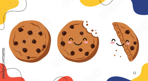 Adorable chocolate chip cookies in various stages of being eaten, with cute faces and a playful, colorful background, illustrating indulgence and sweetness.