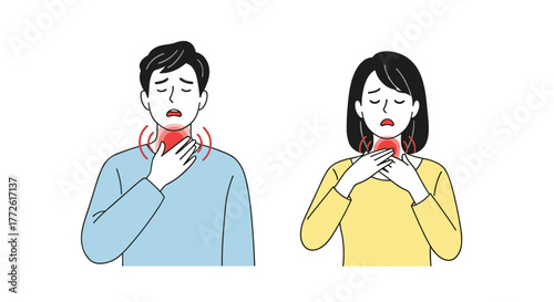 Illustration of a man and woman experiencing sore throat pain, clutching their necks with worried expressions, indicating illness or discomfort.