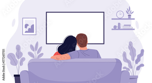 A couple sits closely together on a sofa, facing a blank television screen in a cozy, modern living room setting, enjoying quiet time together.