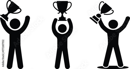 Celebrating victory three silhouettes holding trophies upward in triumph and success vector art