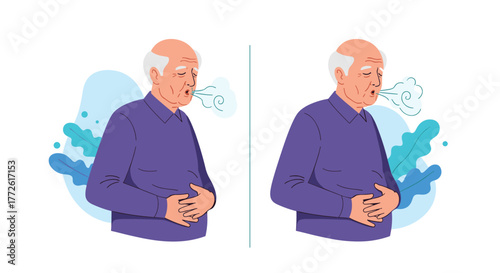 An elderly man is coughing into his elbow while holding his stomach, illustrating illness or discomfort and promoting hygiene practices during sickness.