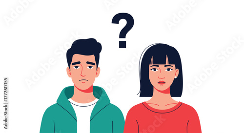 A sad young man and a concerned woman stand side-by-side, with a question mark hovering above their heads, suggesting uncertainty or a difficult decision.