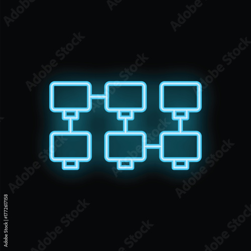 Neon blue icon of a local area network glowing on a black background