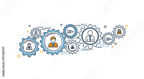 Interconnected gears representing teamwork, collaboration, and business process management, symbolizing efficiency and successful organizational structure.