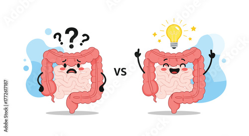 Cartoon illustration depicting a healthy versus unhealthy gut microbiome, showcasing the impact of gut health on overall wellbeing and cognitive function.