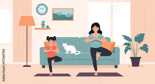 Mother and daughter practicing yoga together in a bright, cozy living room, promoting wellness and mindful family activities indoors.