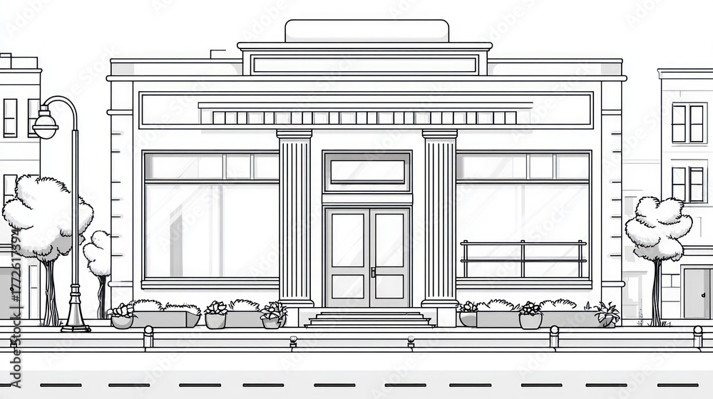 Fototapeta premium Black and white illustration of a building on a street with trees and sky