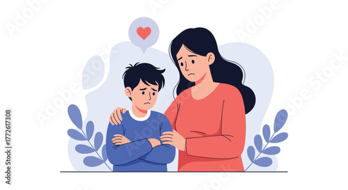 A concerned mother comforts her sad young son, offering support and understanding during a difficult moment, showing love and empathy.