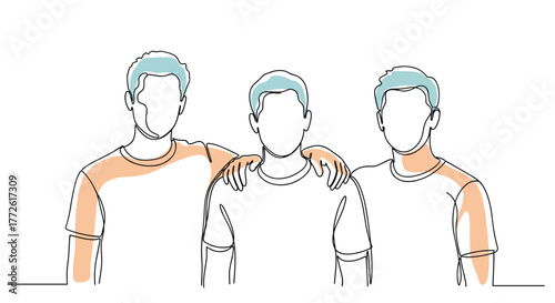 A continuous line drawing depicts three young men with arms around each other, showcasing friendship and camaraderie in a modern, minimalist style.