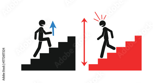 Conceptual illustration depicting upward mobility and setbacks, showing a figure ascending black stairs with ease and another struggling on red stairs, symbolizing challenges and progress.